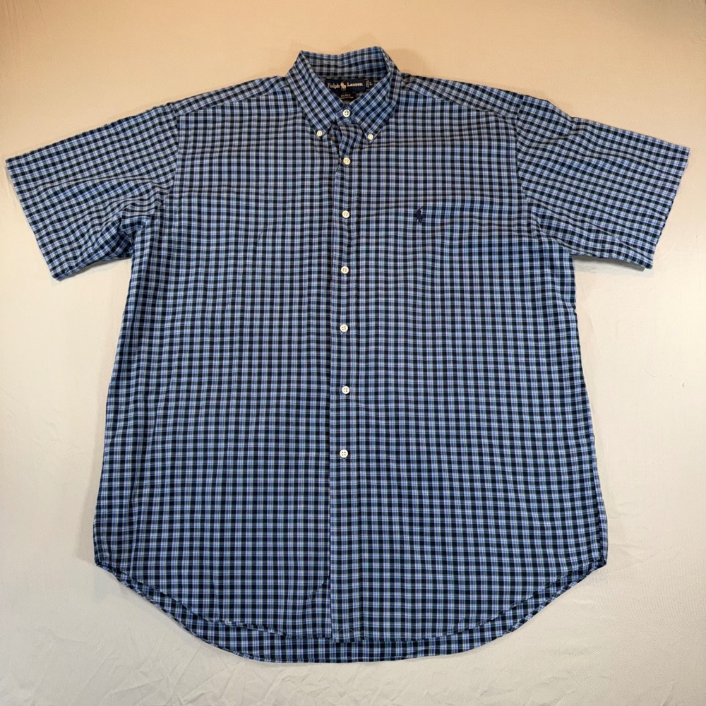 Ralph Lauren Blake Mens Large Blue Navy Plaid Short Sleeve Button Down Shirt‎